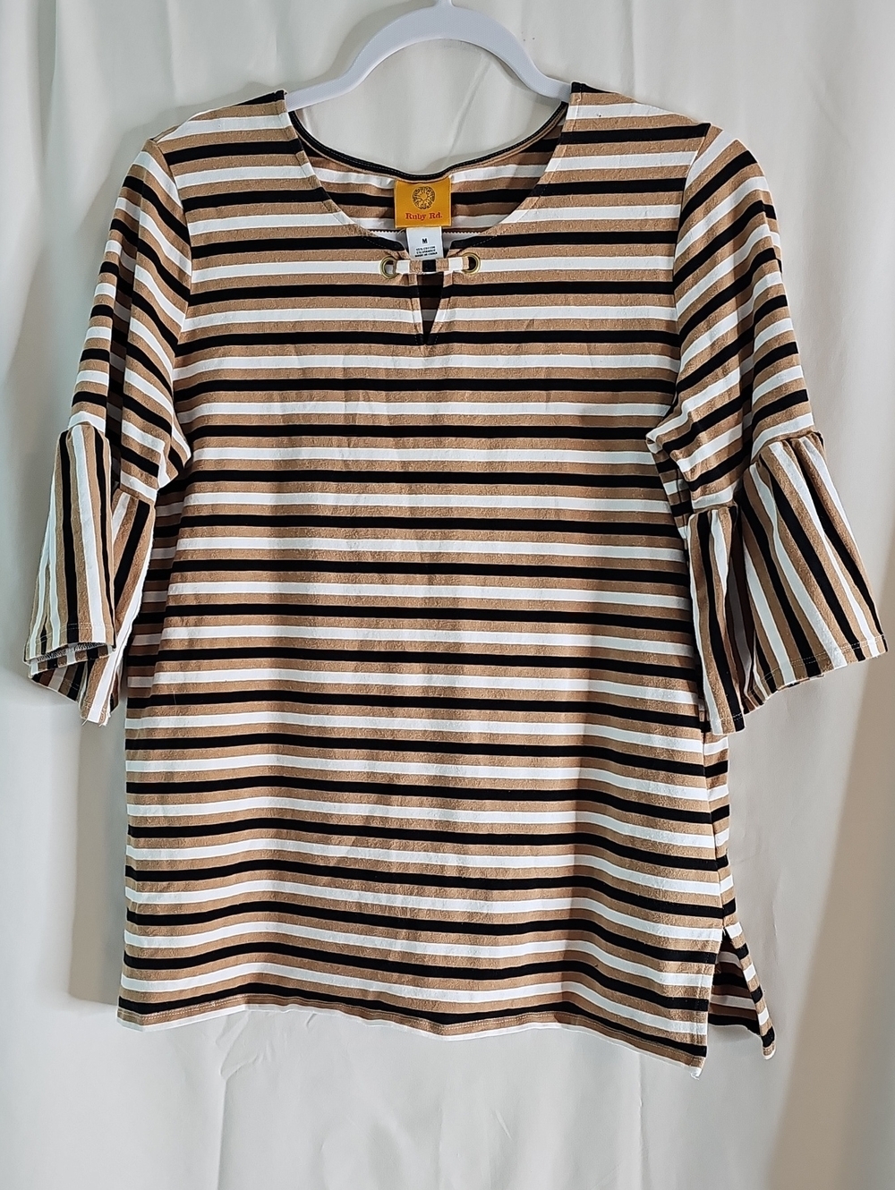 Striped Brown & White Bell Sleeve Top by Ruby Rd.